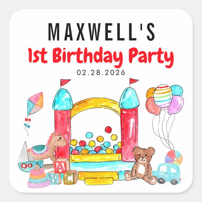 Fun Bounce House Castle Toys Jumping Kids Birthday Square Sticker (Front)
