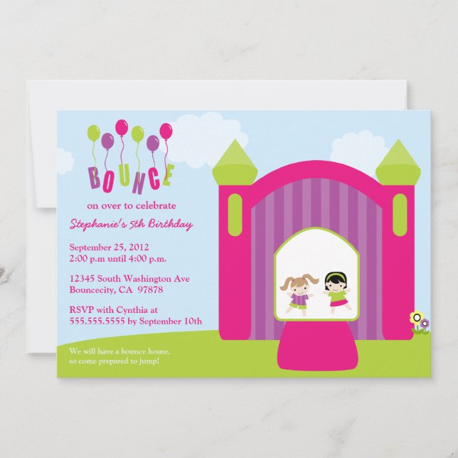 Fun bounce house girls birthday party invitation (Front)