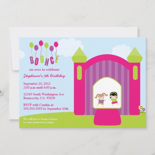 Fun bounce house girls birthday party invitation