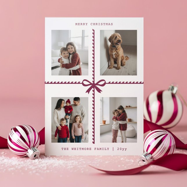 Fun Bow & Stripe Ribbon Photo Grid Merry Christmas Letterpress Photo Cards (Fun Bow & Stripe Ribbon Photo Grid Merry Christmas Letterpress Photo Cards)