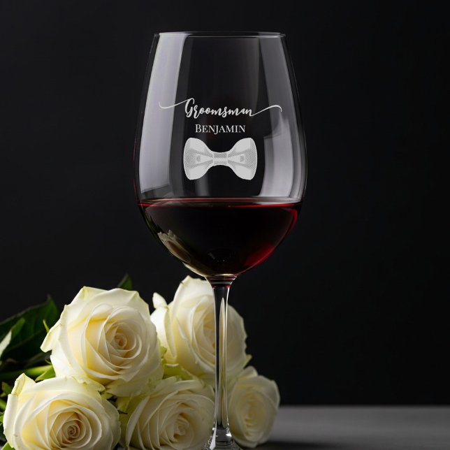 Fun Bow Tie & Name Groomsman Wedding Gift Wine Glass (Creator Uploaded)