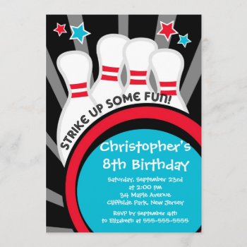 Fun Bowling Boys Birthday Party Invitations by alleventsinvitations at Zazzle