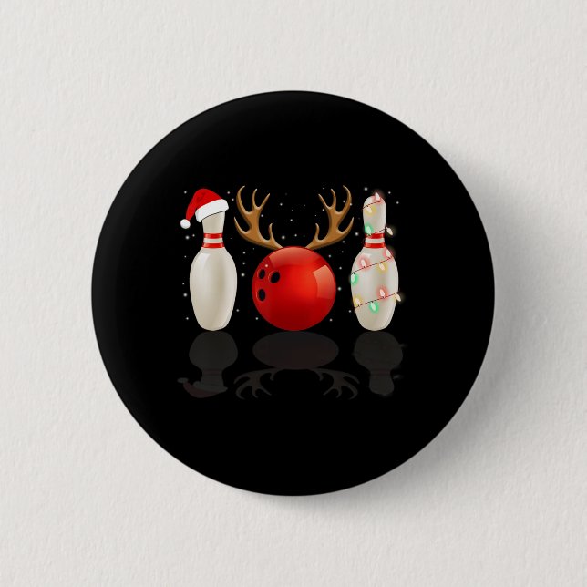Fun Bowling Christmas  Santa Hat Xmas Lights Gift Button (Front)