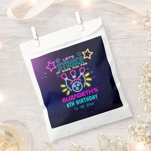 Fun Bowling Neon  Birthday Girl Favor Bag (Clipped)