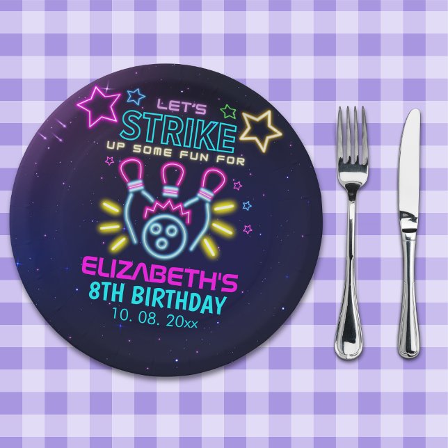 Fun Bowling Neon  Birthday Girl Paper Plates (Creator Uploaded)