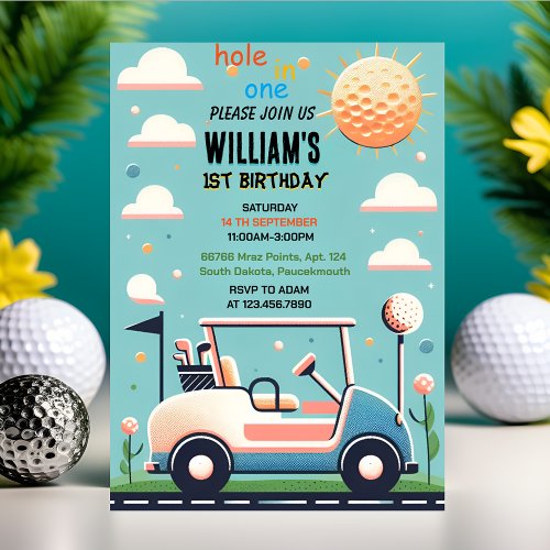 fun boy cute golf hole in one first 1st birthday invitation