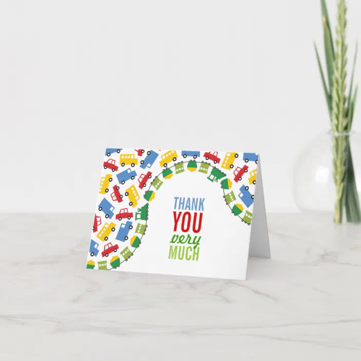 Fun Boy Toys Cars Trains Bus Trucks Thank You Card Zazzle Com