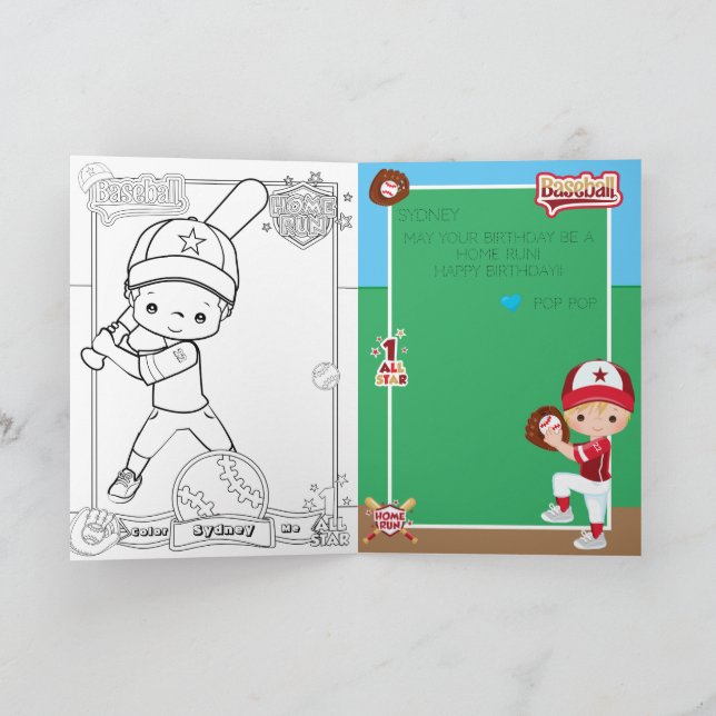 Fun Boys Baseball Coloring Page Happy Birthday Card (Inside)