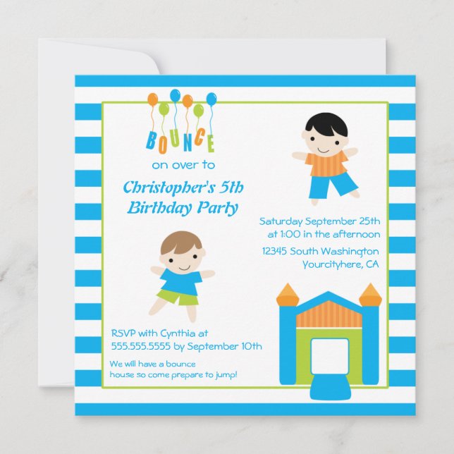 Fun boy's bounce house party birthday invitation (Front)