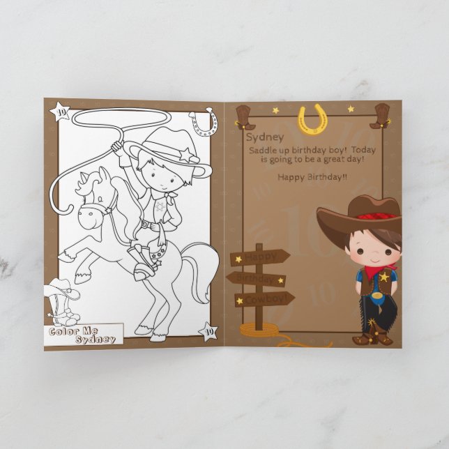 Fun Boys Cowboy Coloring Page Happy Birthday Card (Inside)