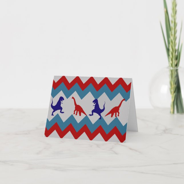 Fun Boys Dinosaurs Red Blue Chevron Pattern Card (Front)