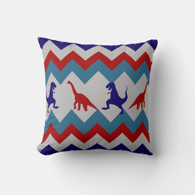 Fun Boys Dinosaurs Red Blue Chevron Pattern Throw Pillow (Front)