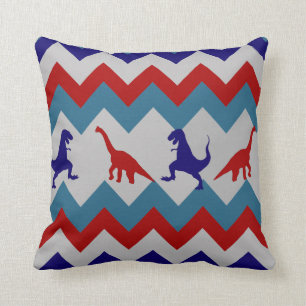 Fun Boys Dinosaurs Red Blue Chevron Pattern Throw Pillow
