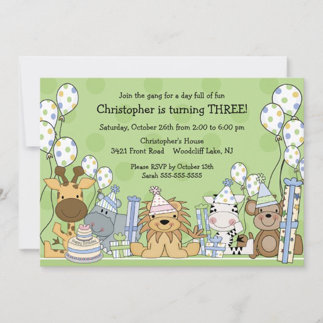 Fun Boys Safari Animals Birthday Invitation (Front)