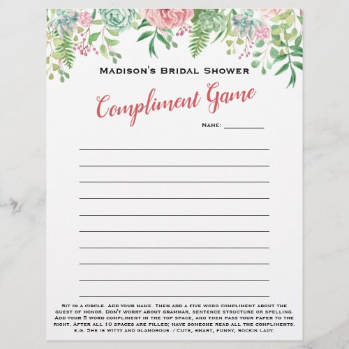  Fun Bridal Shower Fab 5 word Compliment Game