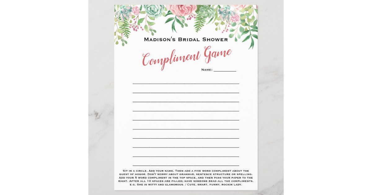 Fun Bridal Shower Fab 5 word Compliment Game Zazzle