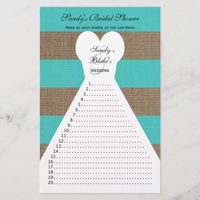 Fun Bridal Shower Word Games Turquoise (Front)