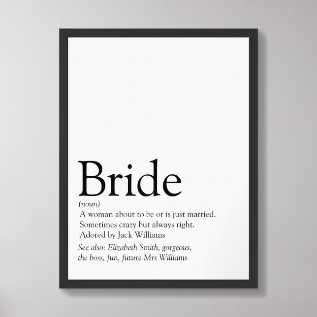 Fun Bride Definition Bridal Shower Sign (Framed Front)