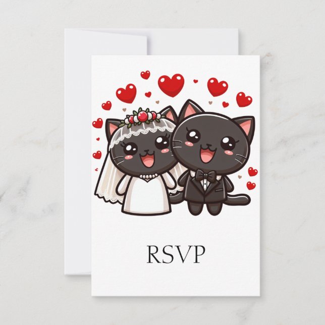 Fun Bride & Groom Wedding Cats Personalised RSVP Card (Front)