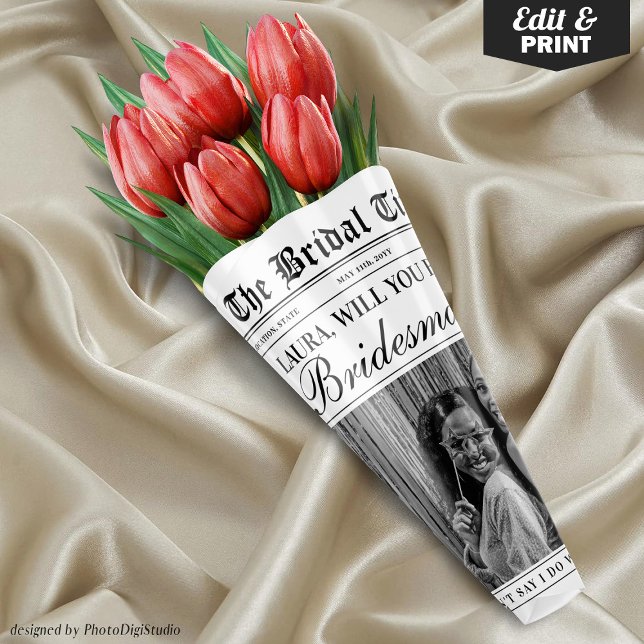 Fun Bridesmaid Proposal Newspaper Flower Bouquet Wrapping Paper Sheets (Editable Fun Bridesmaid Proposal Newspaper Flower Bouquet Wrapping Paper Sheets)
