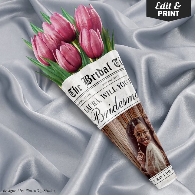 Fun Bridesmaid Proposal Newspaper Flower Bouquet Wrapping Paper Sheets (Editable Fun Bridesmaid Proposal Newspaper Flower Bouquet Wrapping Paper Sheets)