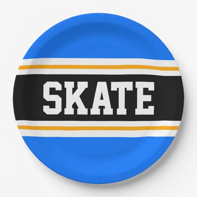 Fun Bright Blue Black Yellow SKATE Racing Stripes Paper Plates (Front)