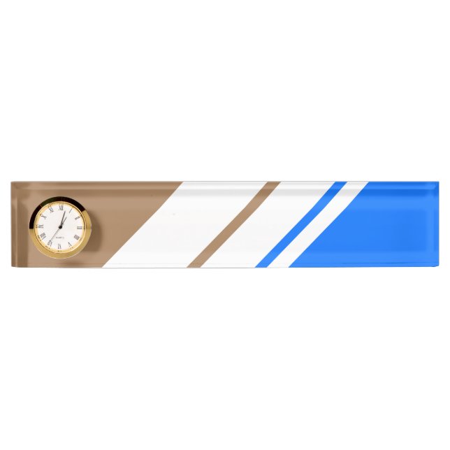 Fun Bright Blue Mocha White Racing Stripes Clock Desk Name Plate (Front)