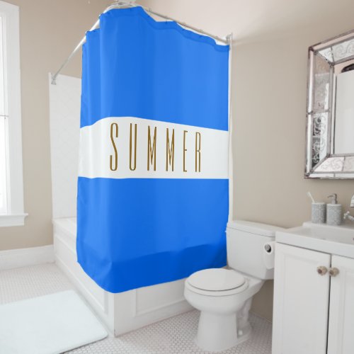 Fun Bright Blue White Stripes Tall SUMMER Text  Shower Curtain