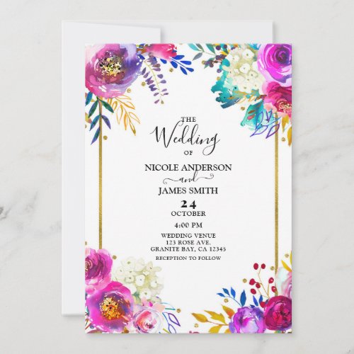 Fun Bright Bold Color Watercolor Floral Wedding Invitation