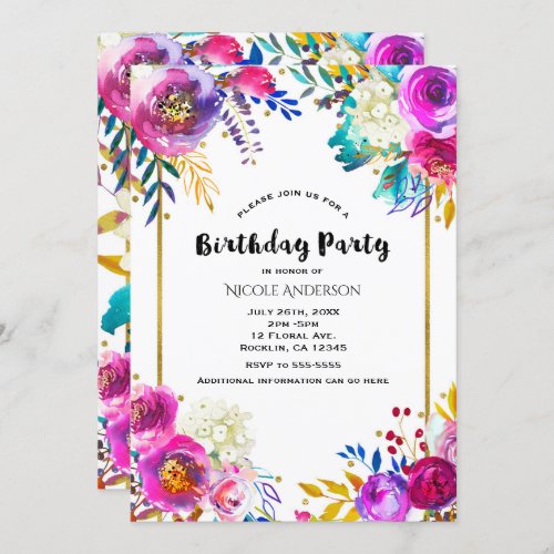 Fun Bright Bold Watercolor Floral Birthday Party Invitation