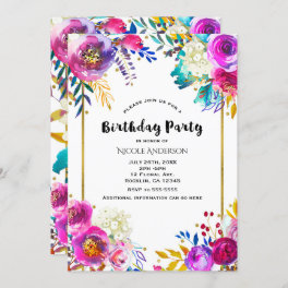 Fun Bright Bold Watercolor Floral Birthday Party Invitation