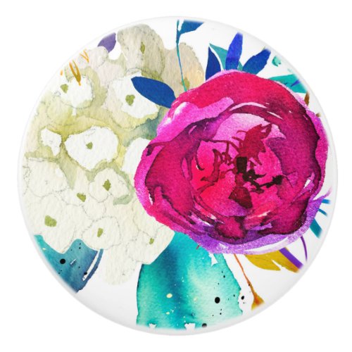 Fun Bright Bold Watercolor Floral Color Splash Fun Ceramic Knob