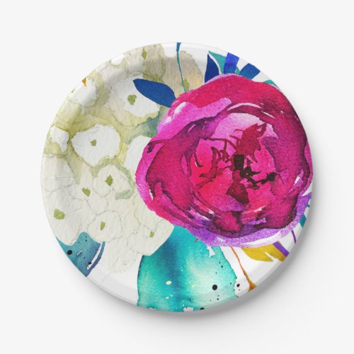 Fun Bright Bold Watercolor Floral Color Splash Paper Plates