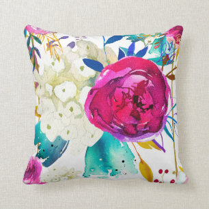 Fun Bright Bold Watercolor Floral Color Splash Throw Pillow