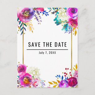 Fun Bright Bold Watercolor Floral Save the Date Announcement Postcard