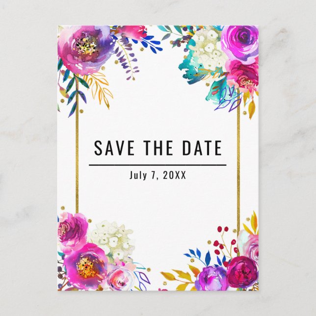 Fun Bright Bold Watercolor Floral Save the Date Announcement Postcard (Front)