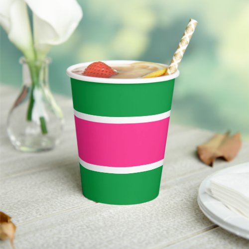 Fun Bright Candy Pink White Stripes On Kelly Green Paper Cups