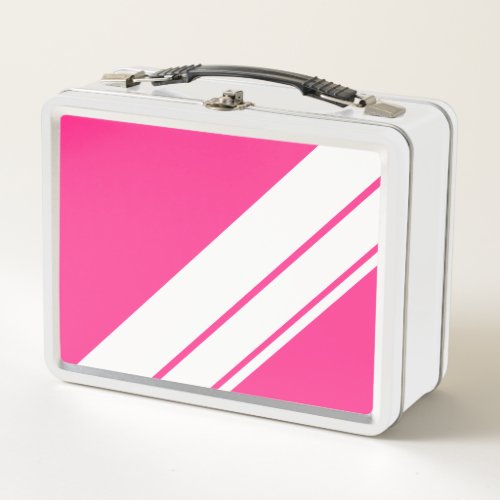 Fun Bright Candy Pink Wide White Racing Stripes  Metal Lunch Box