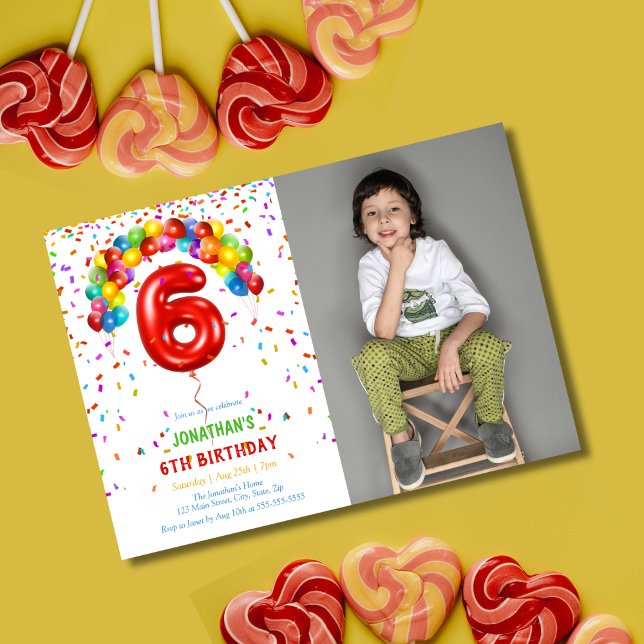 Fun Bright Confetti Balloons Photo 6th Birthday Invitation (Creator Uploaded)