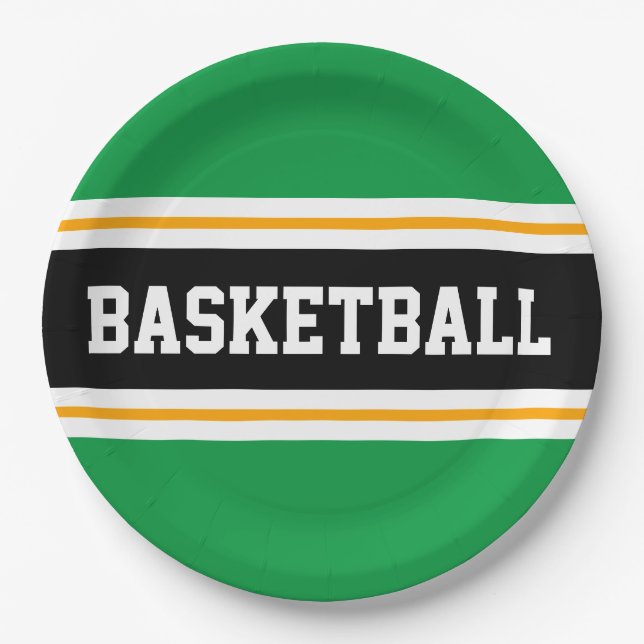 Fun Bright Green Black Orange BASKETBALL Stripes Paper Plates (Front)