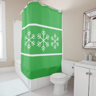 Fun Bright Green White Alpine Snowflakes Stripes Shower Curtain
