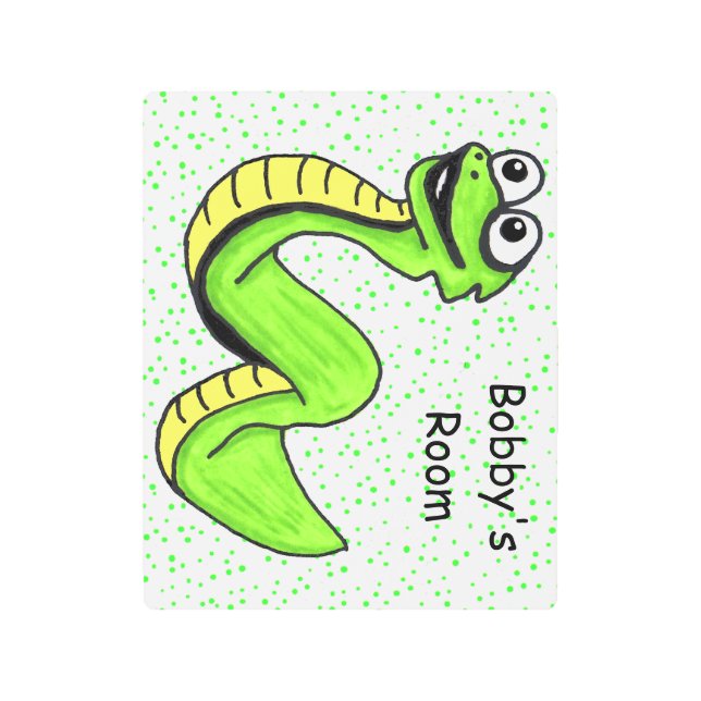 Fun Bright Green Yellow Cartoon Snake Polka Dots Metal Print (Front)