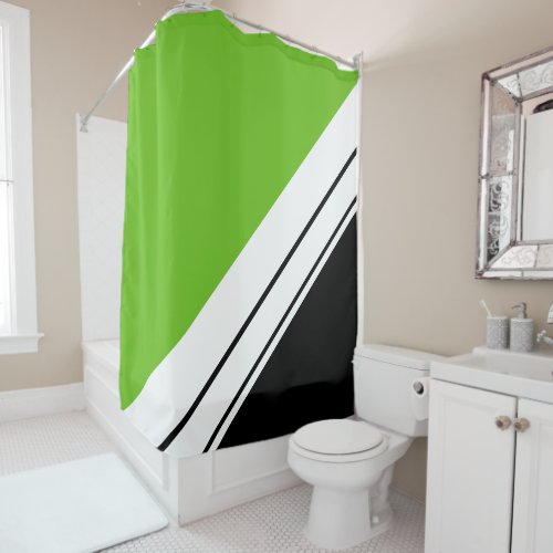 Fun Bright Lime Black White Sporty Racing Stripes Shower Curtain