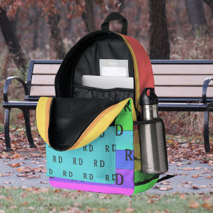 Fun, Bright Monogrammed Rainbow Color Stripes Blue Printed Backpack