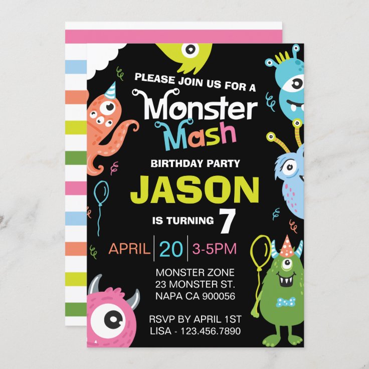 Fun Bright Monster Mash Birthday Party Invitation | Zazzle