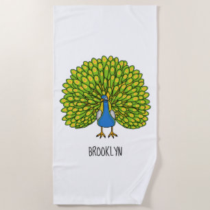 Fun bright peacock bird illustration beach towel