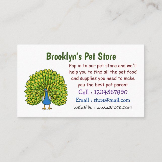 Fun bright peacock bird illustration business card (Front)