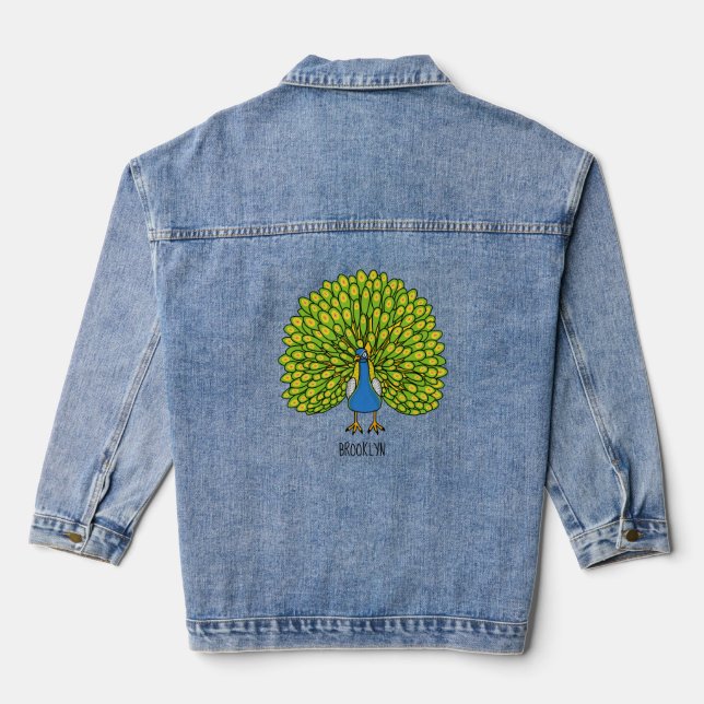 Fun bright peacock bird illustration denim jacket (Back)