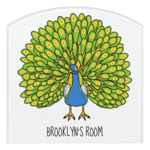 Fun bright peacock bird illustration door sign