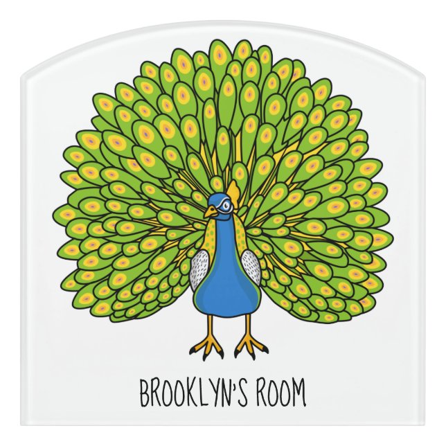 Fun bright peacock bird illustration door sign (Contour Front)